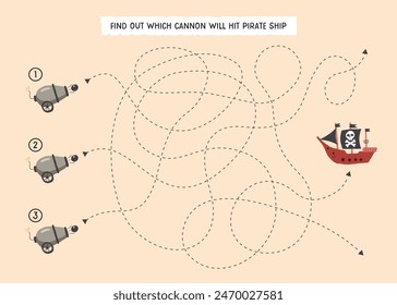 Labyrinth, Maze game for children. Logical puzzle for kids. Quest to find the right cannon to hit Pirate Ship. Vector illustration A4 - ready to print format.