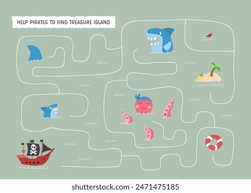 Labyrinth, Maze game for children. Logical puzzle for kids. Quest to find the right path for a Pirate Ship to treasure island. Vector illustration A4 - ready to print format.