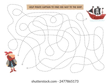 Labyrinth, Maze game for children. Logical puzzle for kids. Quest to find the right path for a Pirate to his ship. Vector illustration A4 - ready to print format.