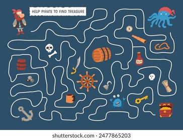 Labyrinth, Maze game for children. Logical puzzle for kids. Quest to find the right path for a Pirate to treasure. Vector illustration A4 - ready to print format.