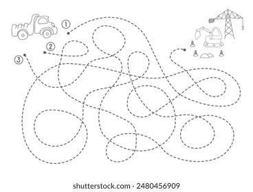 Labyrinth, Maze game for children. Logical puzzle for kids. Quest to find the right path for a truck to construction site. Vector illustration A4 - ready to print format.