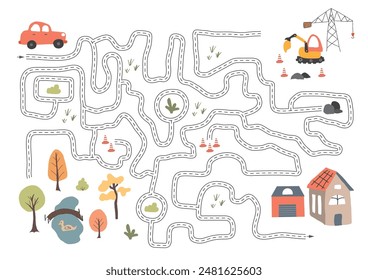 Labyrinth, Maze game for children. Logical puzzle for kids. Quest to find the right path for a car to the house. Vector illustration A4 - ready to print format.