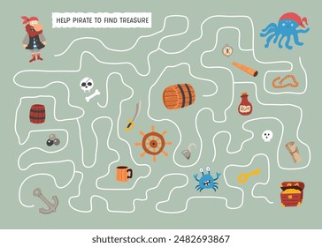 Labyrinth, Maze game for children. Logical puzzle for kids. Quest to find the right path for a Pirate to treasure. Vector illustration A4 - ready to print format.