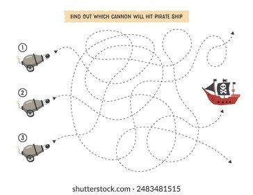 Labyrinth, Maze game for children. Logical puzzle for kids. Quest to find the right cannon to hit Pirate Ship. Vector illustration A4 - ready to print format.