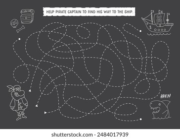 Labyrinth, Maze game for children. Logical puzzle for kids. Quest to find the right path for a Pirate to his ship. Vector illustration A4 - ready to print format.