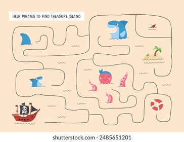 Labyrinth, Maze game for children. Logical puzzle for kids. Quest to find the right path for a Pirate Ship to treasure island. Vector illustration A4 - ready to print format.