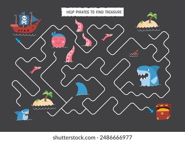 Labyrinth, Maze game for children. Logical puzzle for kids. Quest to find the right path for a Pirate Ship to treasure. Vector illustration A4 - ready to print format.