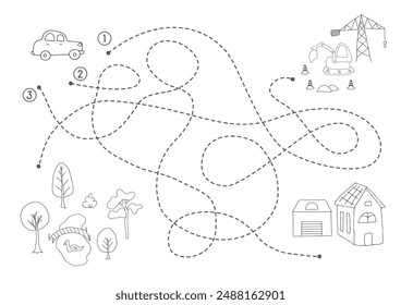 Labyrinth, Maze game for children. Logical puzzle for kids. Quest to find the right path for a car to the house. Vector illustration A4 - ready to print format.