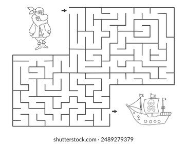 Labyrinth, Maze game for children. Logical puzzle for kids. Quest to find the right path for a Pirate to his ship. Vector illustration A4 - ready to print format.