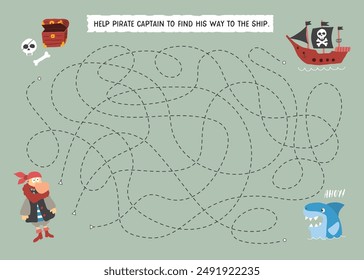 Labyrinth, Maze game for children. Logical puzzle for kids. Quest to find the right path for a Pirate to his ship. Vector illustration A4 - ready to print format.