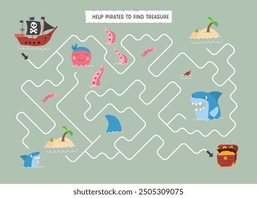 Labyrinth, Maze game for children. Logical puzzle for kids. Quest to find the right path for a Pirate Ship to treasure. Vector illustration A4 - ready to print format.