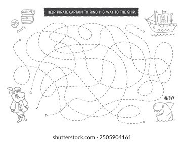 Labyrinth, Maze game for children. Logical puzzle for kids. Quest to find the right path for a Pirate to his ship. Vector illustration A4 - ready to print format.