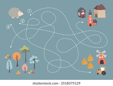 Labyrinth, Maze game for children. Logical puzzle for kids. Quest to find the right path for a hedgehog to the forest. Vector illustration A4 - ready to print format.