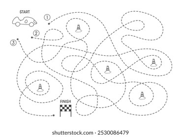 Labirinto, jogo de labirinto para crianças. Quebra-cabeça lógico para crianças. Busca encontrar o caminho certo para um carro de corrida terminar. Ilustração vetorial A4 - pronto para o formato de impressão.