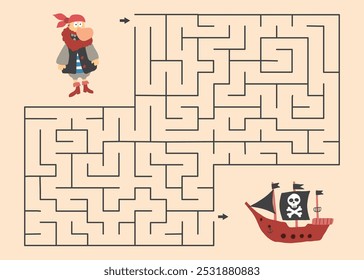 Labyrinth, Maze game for children. Logical puzzle for kids. Quest to find the right path for a Pirate to his ship. Vector illustration A4 - ready to print format.