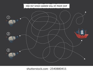 Labirinto, jogo de labirinto para crianças. Quebra-cabeça lógico para crianças. Busca encontrar o canhão certo para atingir o navio pirata. Ilustração vetorial A4 - pronto para o formato de impressão.