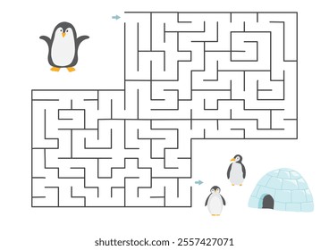 Labyrinth, Maze game for children. Logical puzzle for kids. Quest to find the right path for a penguin to his home. Vector illustration.