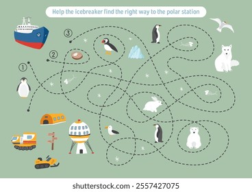 Labyrinth, Maze game for children. Logical puzzle for kids. Quest to find the right path for an icebreaker to polar station. Vector illustration.