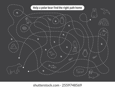 Labyrinth, Maze game for children. Logical puzzle for kids. Quest to find the right path for a Polar bear to his home. Vector illustration A4 - ready to print format.