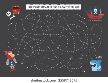 Labyrinth, Maze game for children. Logical puzzle for kids. Quest to find the right path for a Pirate to his ship. Vector illustration A4 - ready to print format.