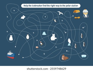 Labyrinth, Maze game for children. Logical puzzle for kids. Quest to find the right path for an icebreaker to polar station. Vector illustration.