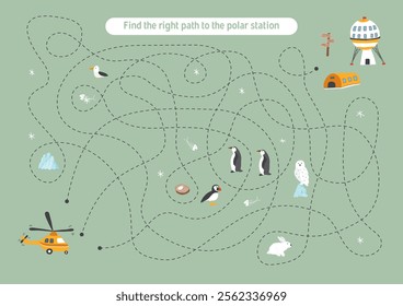 Labyrinth, Maze game for children. Logical puzzle for kids. Quest to find the right path for a helicopter to polar station. Vector illustration