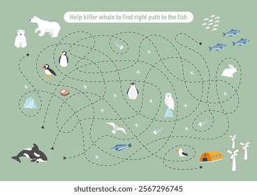 Labyrinth, Maze game for children. Logical puzzle for kids. Quest to find the right path for a Killer whale to the fish. Vector illustration.