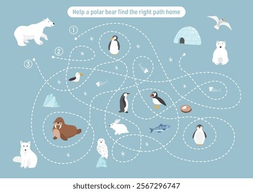 Labyrinth, Maze game for children. Logical puzzle for kids. Quest to find the right path for a Polar bear to his home. Vector illustration A4 - ready to print format.