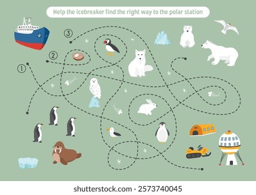 Labyrinth, Maze game for children. Logical puzzle for kids. Quest to find the right path for an icebreaker to polar station. Vector illustration.