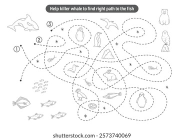 Labyrinth, Maze game for children. Logical puzzle for kids. Quest to find the right path for a Killer whale to the fish. Vector illustration.