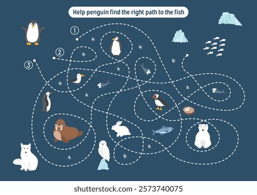 Labyrinth, Maze game for children. Logical puzzle for kids. Quest to find the right path for a penguin to catch a fish. Vector illustration.