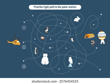 Labyrinth, Maze game for children. Logical puzzle for kids. Quest to find the right path for a helicopter to polar station. Vector illustration