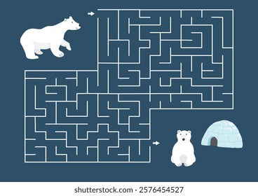 Labyrinth, Maze game for children. Logical puzzle for kids. Quest to find the right path for a Polar bear to his home. Vector illustration