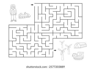 Labyrinth, Maze game for children. Logical puzzle for kids. Quest to find the right path for a polar explorer to polar station. Vector illustration