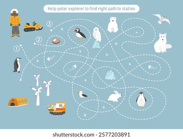 Labyrinth, Maze game for children. Logical puzzle for kids. Quest to find the right path for a polar explorer to polar station. Vector illustration