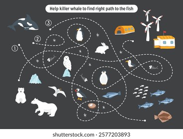 Labyrinth, Maze game for children. Logical puzzle for kids. Quest to find the right path for a Killer whale to the fish. Vector illustration.