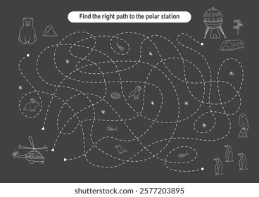 Labyrinth, Maze game for children. Logical puzzle for kids. Quest to find the right path for a helicopter to polar station. Vector illustration