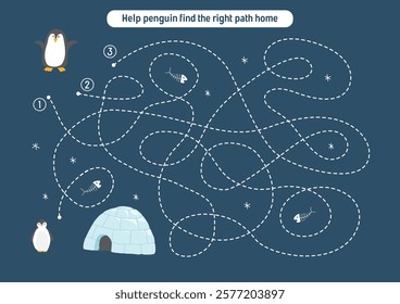 Labyrinth, Maze game for children. Logical puzzle for kids. Quest to find the right path for a penguin to his home. Vector illustration A4 - ready to print format.