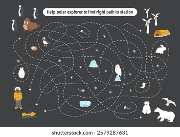 Labyrinth, Maze game for children. Logical puzzle for kids. Quest to find the right path for a polar explorer to polar station. Vector illustration