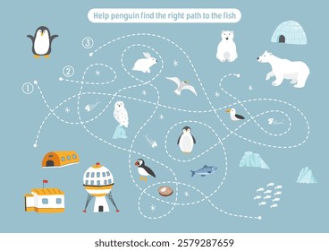 Labyrinth, Maze game for children. Logical puzzle for kids. Quest to find the right path for a penguin to catch a fish. Vector illustration.