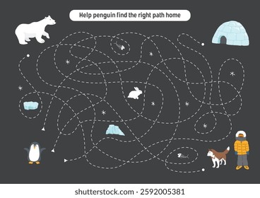 Labyrinth, Maze game for children. Logical puzzle for kids. Quest to find the right path for a penguin to his home. Vector illustration A4 - ready to print format.