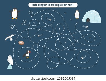 Labyrinth, Maze game for children. Logical puzzle for kids. Quest to find the right path for a penguin to his home. Vector illustration A4 - ready to print format.
