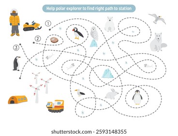 Labyrinth, Maze game for children. Logical puzzle for kids. Quest to find the right path for a polar explorer to polar station. Vector illustration