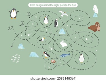 Labyrinth, Maze game for children. Logical puzzle for kids. Quest to find the right path for a penguin to catch a fish. Vector illustration.