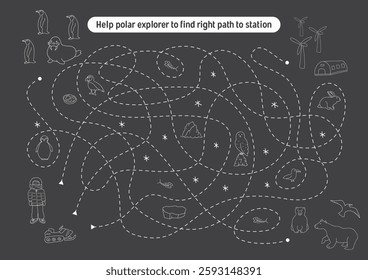 Labyrinth, Maze game for children. Logical puzzle for kids. Quest to find the right path for a polar explorer to polar station. Vector illustration