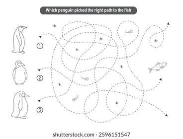 Labyrinth, Maze game for children. Logical puzzle for kids. Quest to find the right path for a penguin to fish. Vector illustration A4 - ready to print format