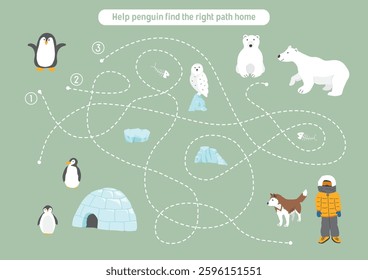 Labyrinth, Maze game for children. Logical puzzle for kids. Quest to find the right path for a penguin to his home. Vector illustration A4 - ready to print format.