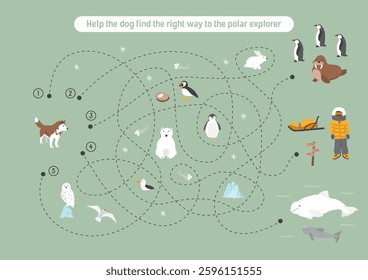 Labyrinth, Maze game for children. Logical puzzle for kids. Quest to find the right path for a dog to polar explorer. Vector illustration