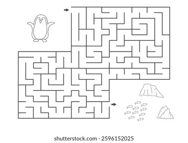 Labyrinth, Maze game for children. Logical puzzle for kids. Quest to find the right path for a penguin to catch a fish. Vector illustration.