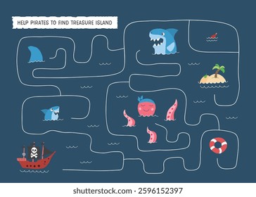 Labyrinth, Maze game for children. Logical puzzle for kids. Quest to find the right path for a Pirate Ship to treasure island. Vector illustration A4 - ready to print format.